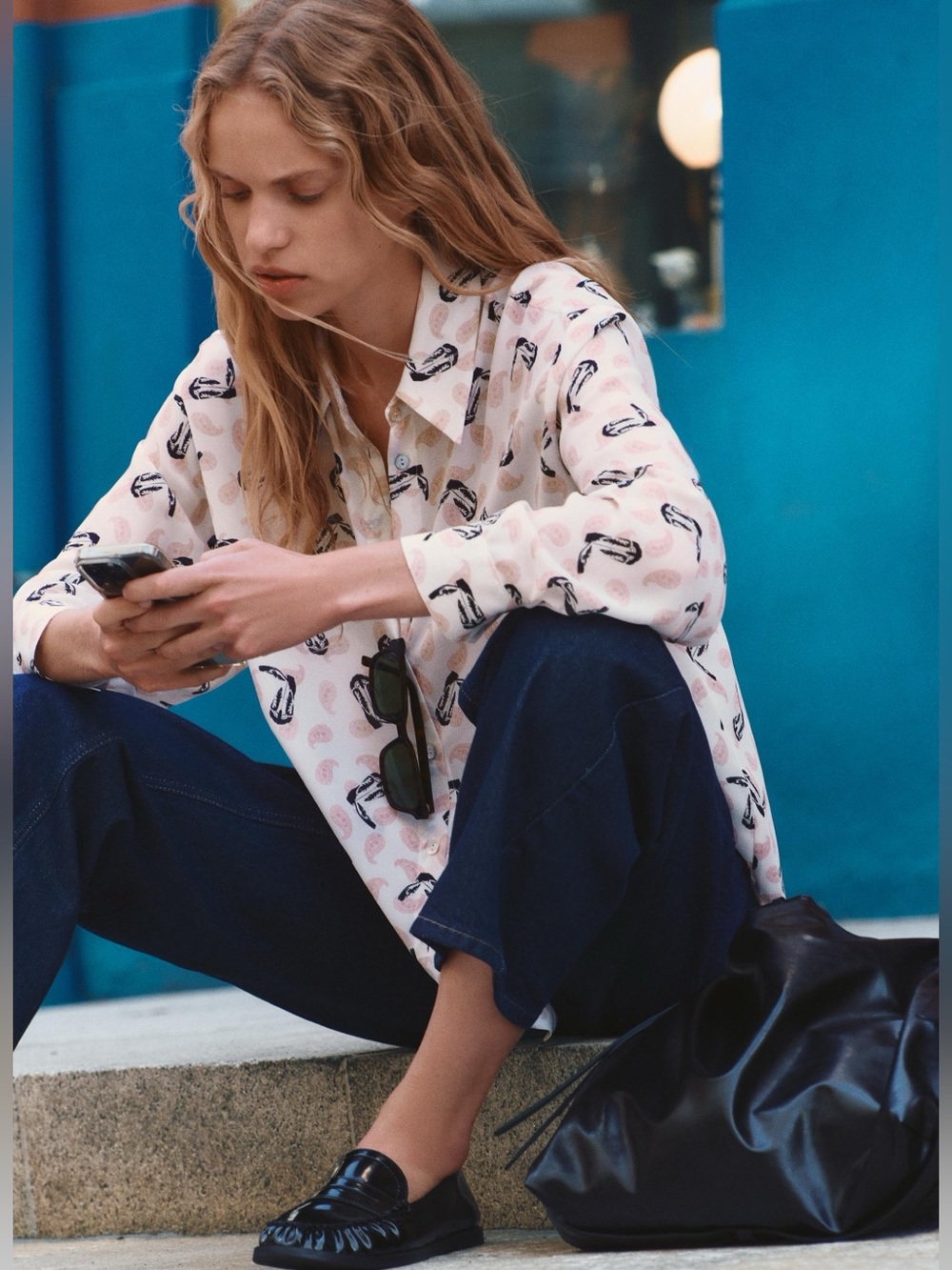Zara White Button-Down Shirt with Black & Pink Print